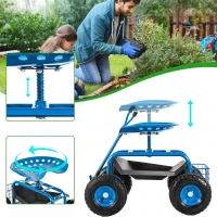 RealG RC-K-2338 Zahradní vozík se sedátkem a košíkem na nářadí, otočný 360°, modrý