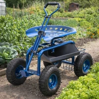 RealG RC-K-2338 Zahradní vozík se sedátkem a košíkem na nářadí, otočný 360°, modrý