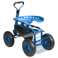 RealG RC-K-2338 Zahradní vozík se sedátkem a košíkem na nářadí, otočný 360°, modrý