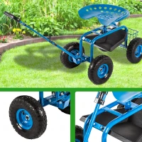 RealG RC-K-2338 Zahradní vozík se sedátkem a košíkem na nářadí, otočný 360°, modrý