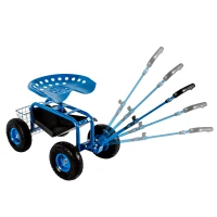 RealG RC-K-2338 Zahradní vozík se sedátkem a košíkem na nářadí, otočný 360°, modrý