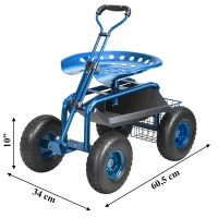 RealG RC-K-2338 Zahradní vozík se sedátkem a košíkem na nářadí, otočný 360°, modrý