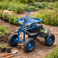 RealG RC-K-2338 Zahradní vozík se sedátkem a košíkem na nářadí, otočný 360°, modrý