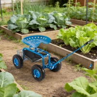 RealG RC-K-2338 Zahradní vozík se sedátkem a košíkem na nářadí, otočný 360°, modrý