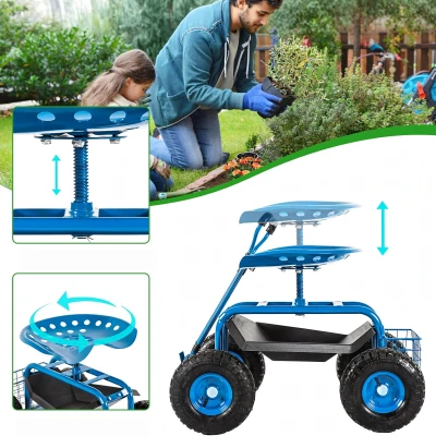 RealG RC-K-2338 Zahradní vozík se sedátkem a košíkem na nářadí, otočný 360°, modrý