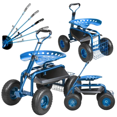 RealG RC-K-2338 Zahradní vozík se sedátkem a košíkem na nářadí, otočný 360°, modrý