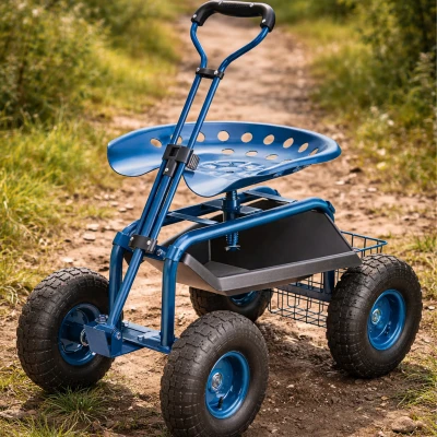 RealG RC-K-2338 Zahradní vozík se sedátkem a košíkem na nářadí, otočný 360°, modrý