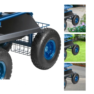 RealG RC-K-2338 Zahradní vozík se sedátkem a košíkem na nářadí, otočný 360°, modrý