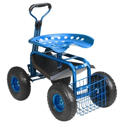 RealG RC-K-2338 Zahradní vozík se sedátkem a košíkem na nářadí, otočný 360°, modrý