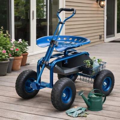RealG RC-K-2338 Zahradní vozík se sedátkem a košíkem na nářadí, otočný 360°, modrý