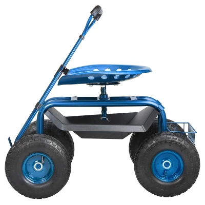 RealG RC-K-2338 Zahradní vozík se sedátkem a košíkem na nářadí, otočný 360°, modrý