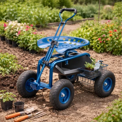 RealG RC-K-2338 Zahradní vozík se sedátkem a košíkem na nářadí, otočný 360°, modrý