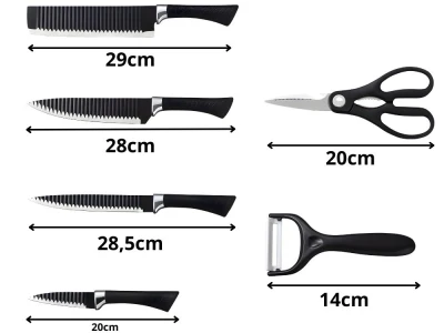 Verk 07411 Sada kuchyňských nožů, nůžky a škrabka 6 v 1, černé
