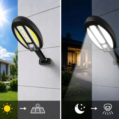 Verk 12457 Solární LED COB nástěnná lampa s PIR senzorem, 3000 mAh, černá