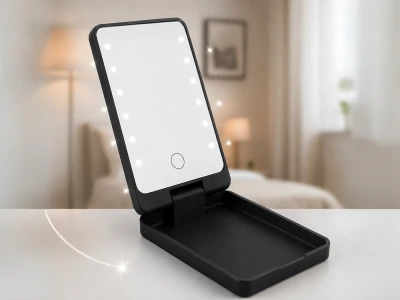 Verk 27634 Kosmetické zrcátko s LED osvětlením, skládací, USB, černé