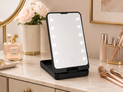 Verk 27634 Kosmetické zrcátko s LED osvětlením, skládací, USB, černé