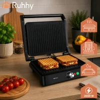 Ruhhy 26176 Elektrický kontaktný gril 2000 W, sklopný o 180°, 2 v 1, čierny
