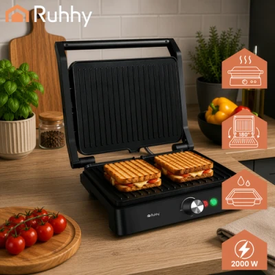Ruhhy 26176 Elektrický kontaktný gril 2000 W, sklopný o 180°, 2 v 1, čierny