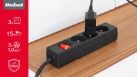 Rebel URZ3197-1,5 Prodlužovací kabel s vypínačem, 3 zásuvky FR, 1,5 m, černý