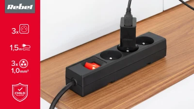 Rebel URZ3197-1,5 Prodlužovací kabel s vypínačem, 3 zásuvky FR, 1,5 m, černý