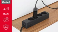 Rebel URZ3060-1.5 Prodlužovací kabel, 4 zásuvky, bez vypínače, 1,5 m, černý
