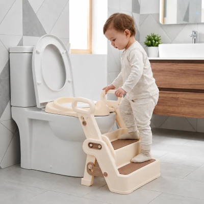 ECOTOYS HA-P33 Detské WC sedadlo so schodíkmi a madlami, béžové