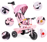 ECOTOYS WQL-066 Dětská tříkolka, kočárek s otočným sedátkem 360°, 2 v 1, růžová