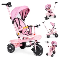 ECOTOYS WQL-066 Dětská tříkolka, kočárek s otočným sedátkem 360°, 2 v 1, růžová