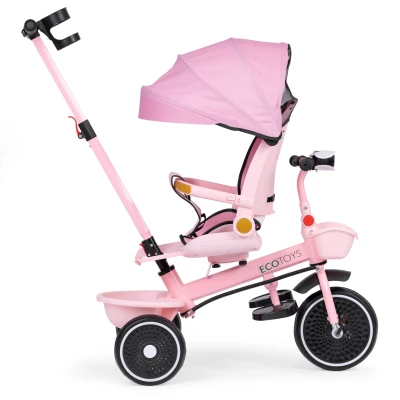 ECOTOYS WQL-066 Dětská tříkolka, kočárek s otočným sedátkem 360°, 2 v 1, růžová