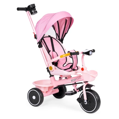 ECOTOYS WQL-066 Dětská tříkolka, kočárek s otočným sedátkem 360°, 2 v 1, růžová