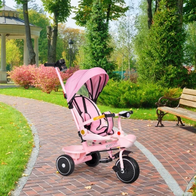 ECOTOYS WQL-066 Dětská tříkolka, kočárek s otočným sedátkem 360°, 2 v 1, růžová
