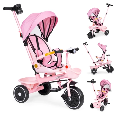 ECOTOYS WQL-066 Dětská tříkolka, kočárek s otočným sedátkem 360°, 2 v 1, růžová