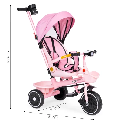 ECOTOYS WQL-066 Dětská tříkolka, kočárek s otočným sedátkem 360°, 2 v 1, růžová