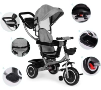 ECOTOYS WQL-066 Dětská tříkolka, kočárek s otočným sedátkem 360°, 2 v 1, šedá