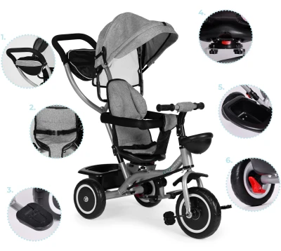 ECOTOYS WQL-066 Dětská tříkolka, kočárek s otočným sedátkem 360°, 2 v 1, šedá
