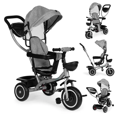 ECOTOYS WQL-066 Dětská tříkolka, kočárek s otočným sedátkem 360°, 2 v 1, šedá