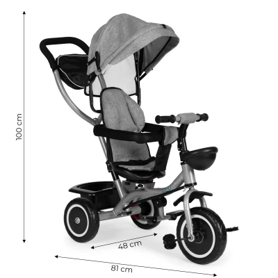 ECOTOYS WQL-066 Dětská tříkolka, kočárek s otočným sedátkem 360°, 2 v 1, šedá