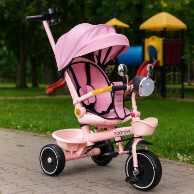 ECOTOYS WQL-186 Detská trojkolka, kočík s otočným sedadlom o 360°, ružová