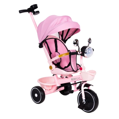 ECOTOYS WQL-186 Detská trojkolka, kočík s otočným sedadlom o 360°, ružová