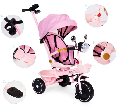 ECOTOYS WQL-186 Detská trojkolka, kočík s otočným sedadlom o 360°, ružová