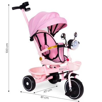 ECOTOYS WQL-186 Detská trojkolka, kočík s otočným sedadlom o 360°, ružová