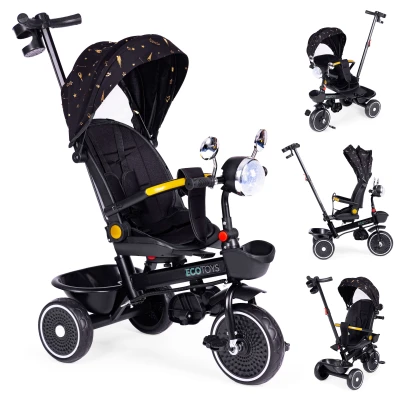 ECOTOYS WQL-186 Dětská tříkolka kočárek s otočným sedátkem 360°, 2 v 1, černá