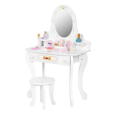 ECOTOYS W08H188B Velký dřevěný toaletní stolek pro děti se zrcadlem a růžovými doplňky