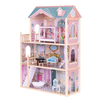 ECOTOYS 8106 Velký dřevěný domeček pro panenky, 3 patra, 11 ks nábytku