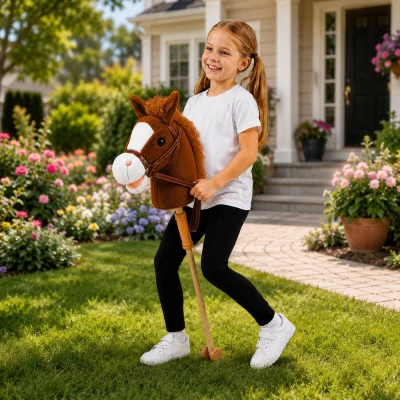 LEAN Toys 30980 Kôň na tyči so zvukmi a kolieskami, Hobby Horse, hnedý, 100 cm