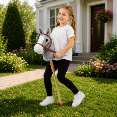 LEAN Toys 30981 Kôň na tyči so zvukmi a kolieskami, Hobby Horse, 100 cm, sivý