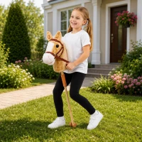 LEAN Toys 30982 Kůň na tyči se zvuky a kolečky, Hobby Horse, 100 cm, béžový