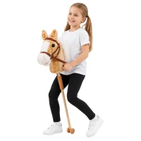 LEAN Toys 30982 Kůň na tyči se zvuky a kolečky, Hobby Horse, 100 cm, béžový