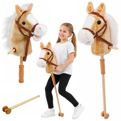 LEAN Toys 30982 Kůň na tyči se zvuky a kolečky, Hobby Horse, 100 cm, béžový