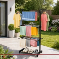 Zortiva 27129 Skládací sušák na prádlo na kolečkách 178 cm, 3 úrovně, černý